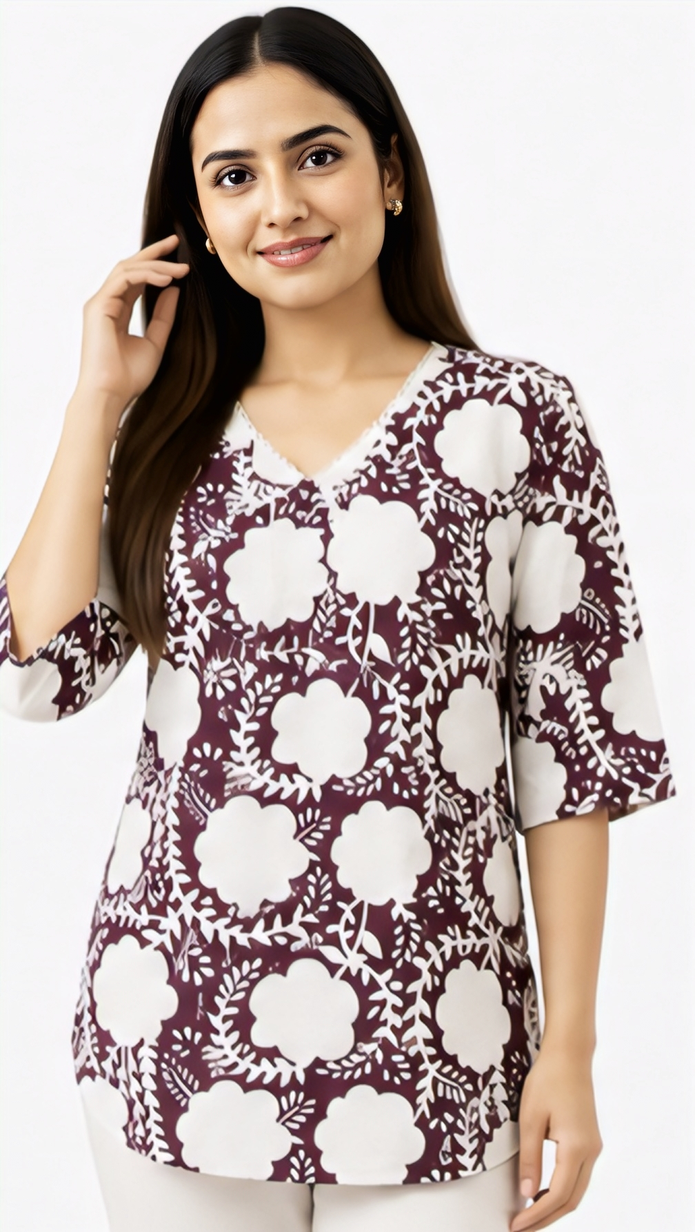 Women wearing a maroon floral printed cotton tunic top with V-neck and 3/4 sleeves, free size