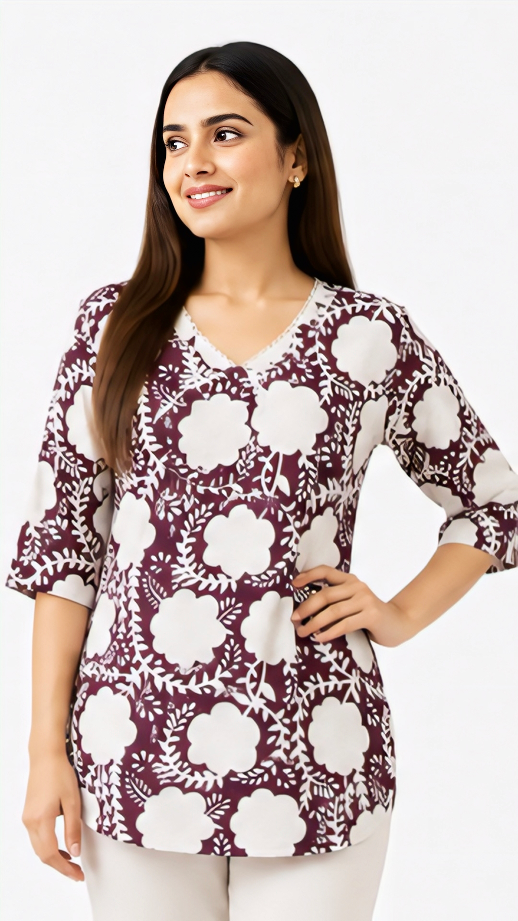 Women's maroon and white floral printed cotton free size short kurti with V-neck and 3/4 sleeves