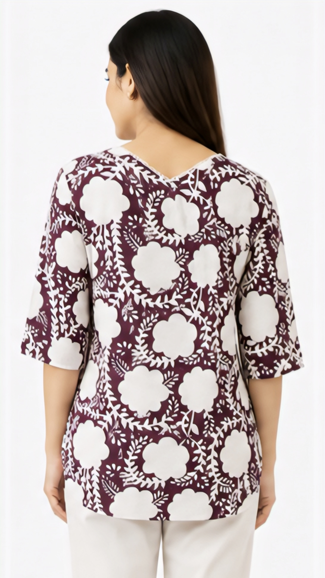 Women’s Maroon Floral Printed Cotton Tunic Top | V-Neck Free Size Casual Kurti
