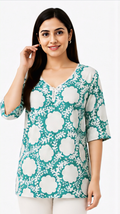 Women's Teal Blue & White Floral Printed Cotton Free Size Short Kurti | 3/4 Sleeve Casual Top