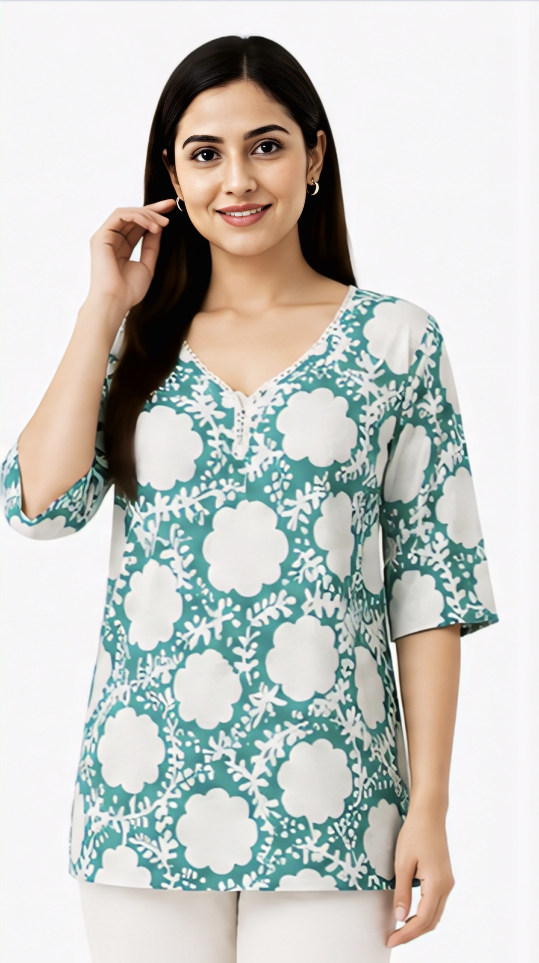 Women's Teal Blue & White Floral Printed Cotton Free Size Short Kurti | 3/4 Sleeve Casual Top