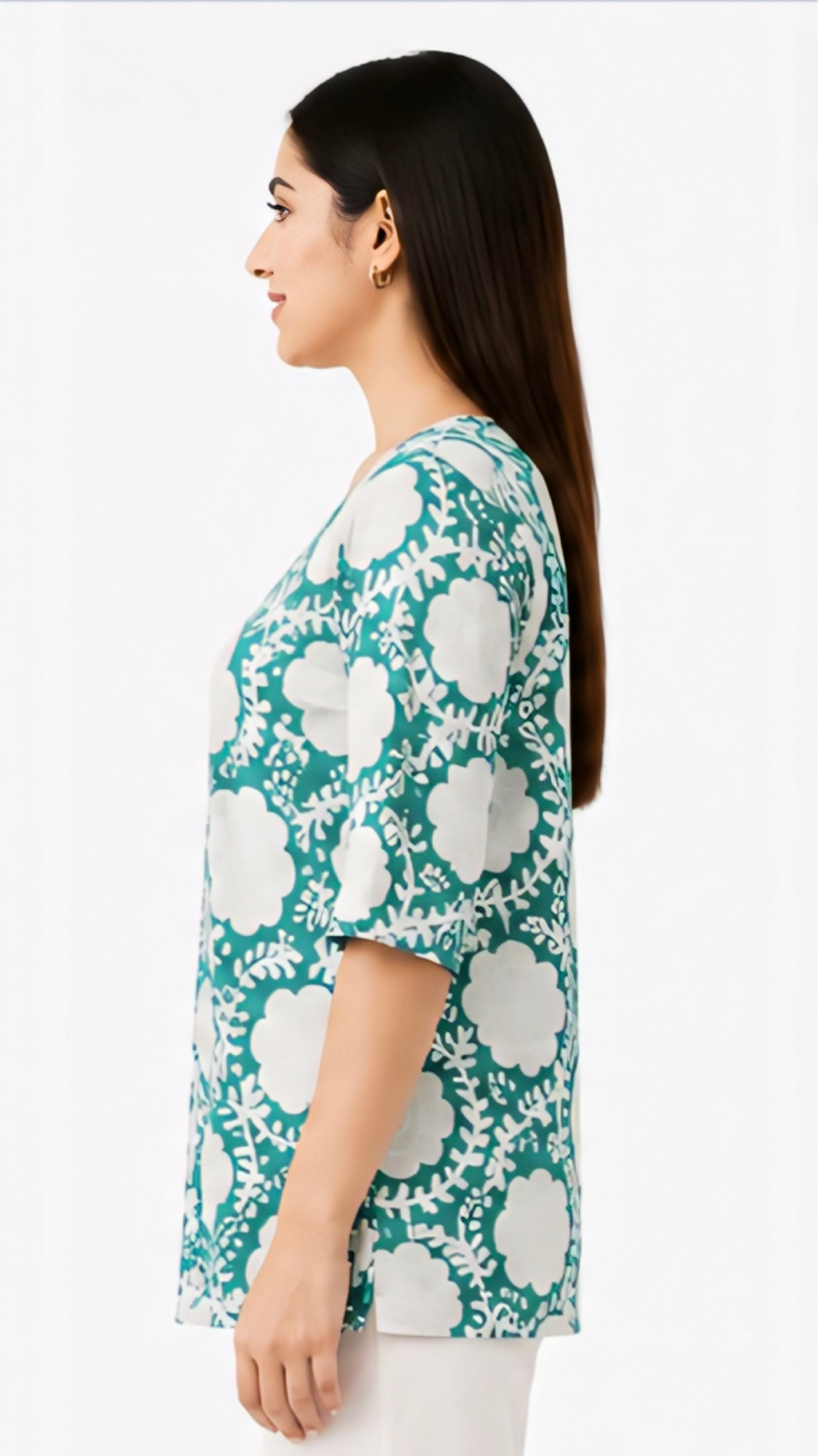 Women's Teal Blue & White Floral Printed Cotton Free Size Short Kurti | 3/4 Sleeve Casual Top
