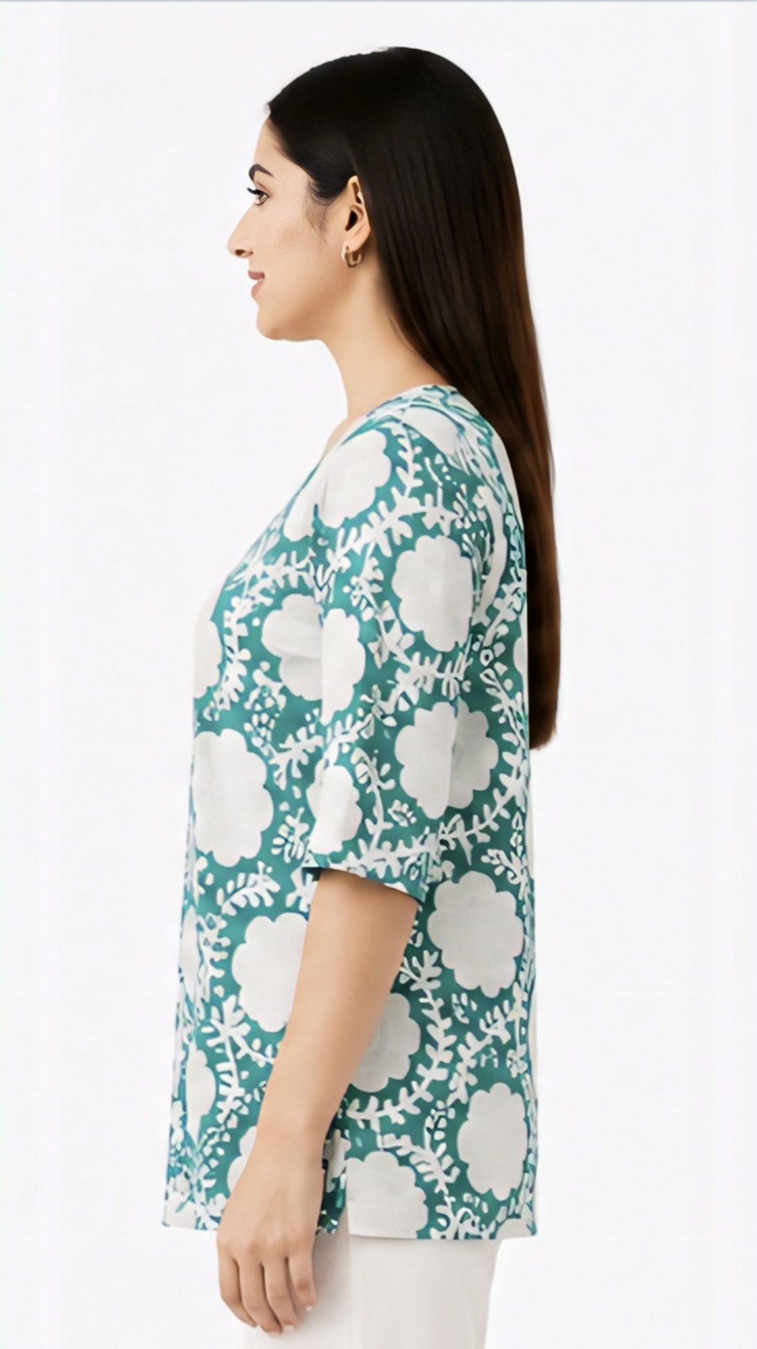 Women's Teal Blue & White Floral Printed Cotton Free Size Short Kurti | 3/4 Sleeve Casual Top