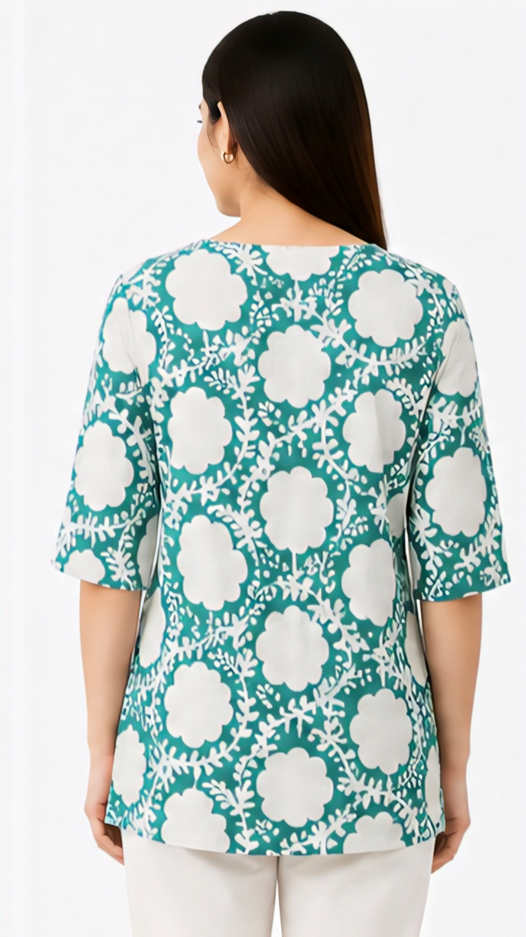 Women's Teal Blue & White Floral Printed Cotton Free Size Short Kurti | 3/4 Sleeve Casual Top