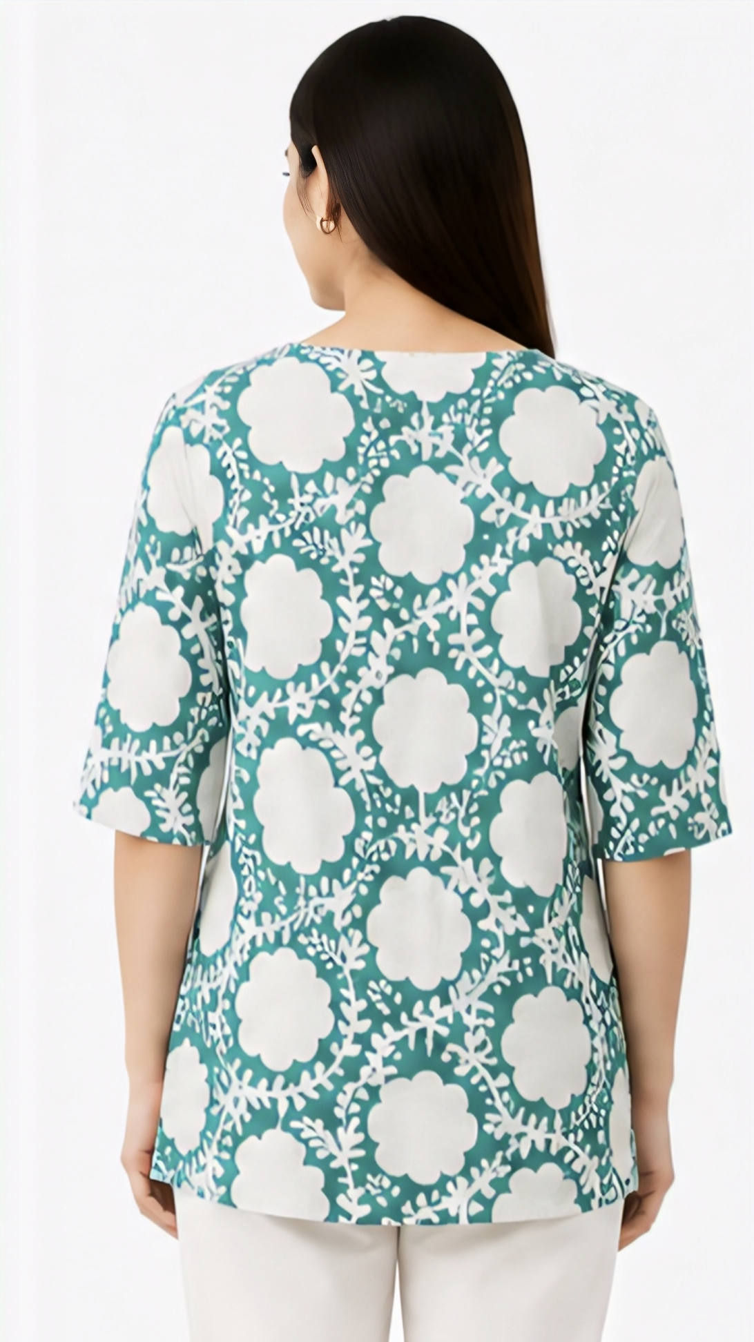 Women's Teal Blue & White Floral Printed Cotton Free Size Short Kurti | 3/4 Sleeve Casual Top