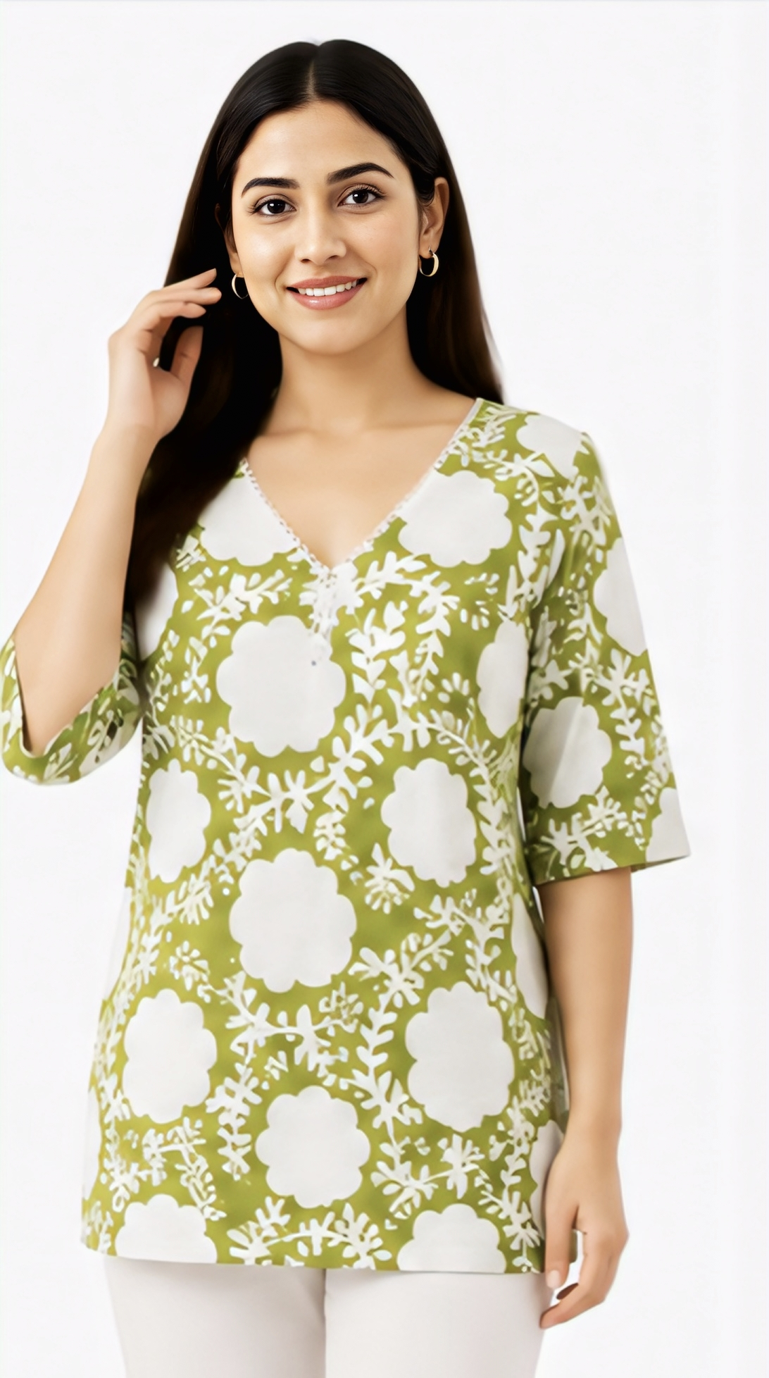 Women's Green Floral Printed V-Neck Kurti | Stylish 3/4 Sleeve Casual Tunic Top
