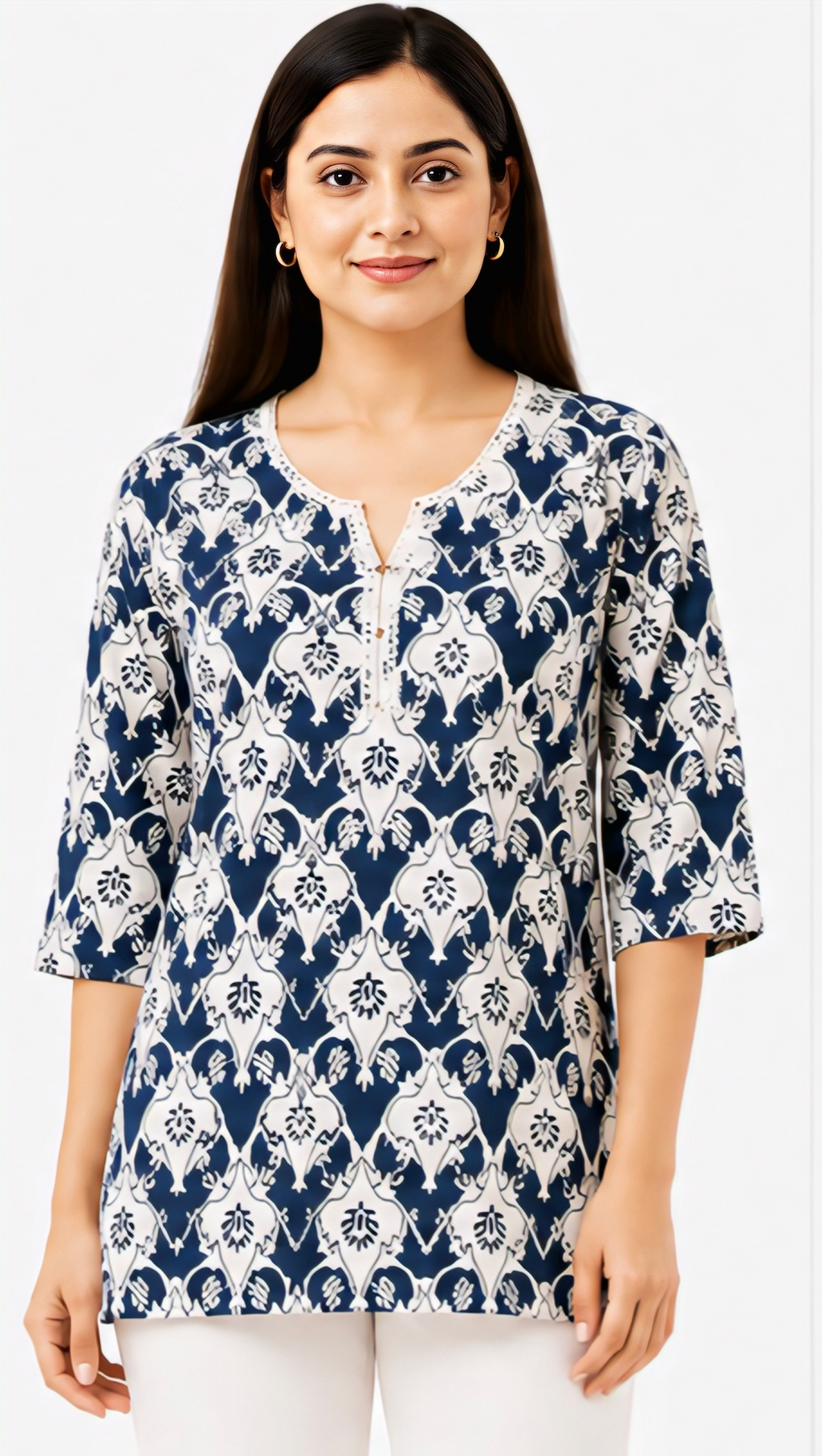 Women's Navy Blue Floral Printed Cotton Short Kurti with Split Round Neck, Free Size Casual Daily Wear Tunic Top