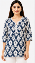 Women's Navy Blue Floral Printed Cotton Short Kurti with Split Round Neck, Free Size Casual Daily Wear Tunic Top