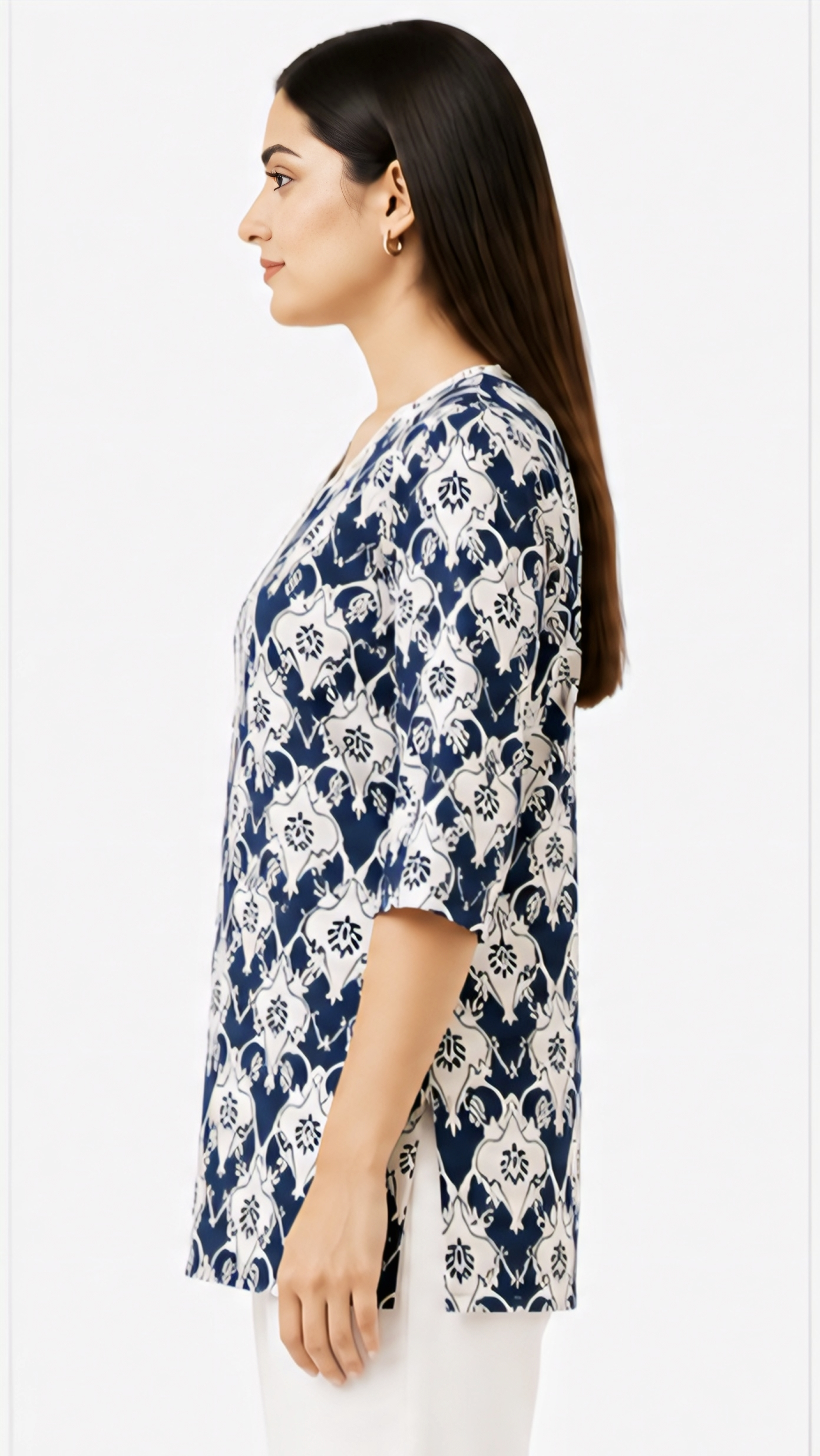 Women's Navy Blue Floral Printed Cotton Short Kurti | Free Size Casual Daily Wear Tunic Top