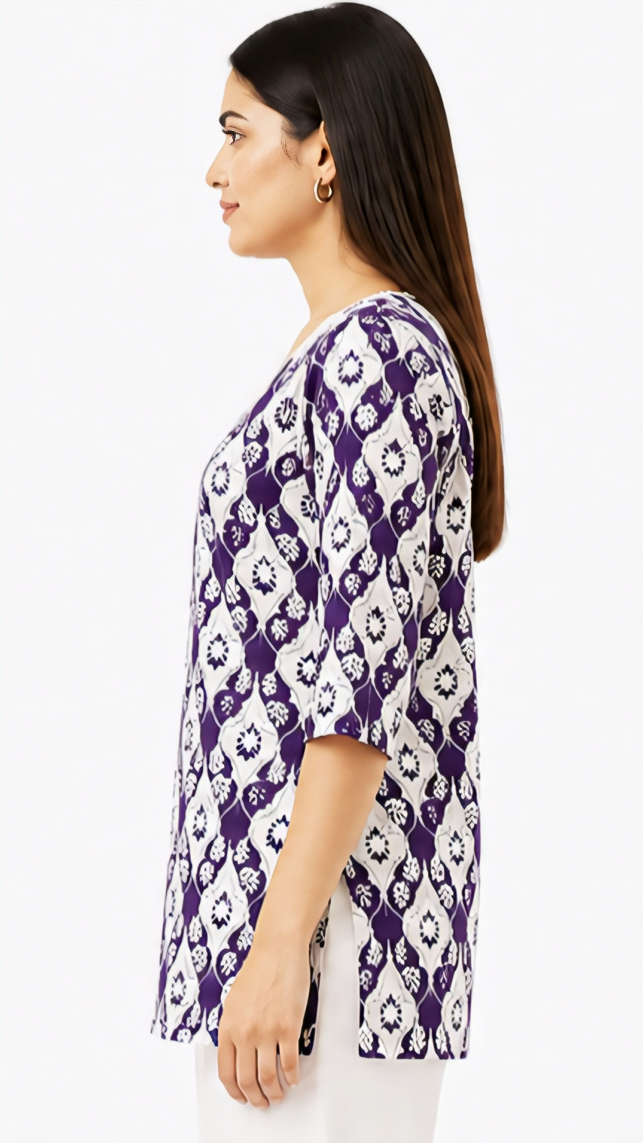 Women's Purple Floral Printed Cotton Short Kurti with V-Neck, Free Size Casual Daily Wear Tunic Top