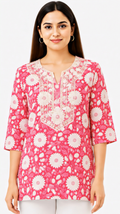 Women's Pink Floral Printed Cotton Short Kurti with Embroidered Yoke, Free Size Casual Daily Wear Tunic Top