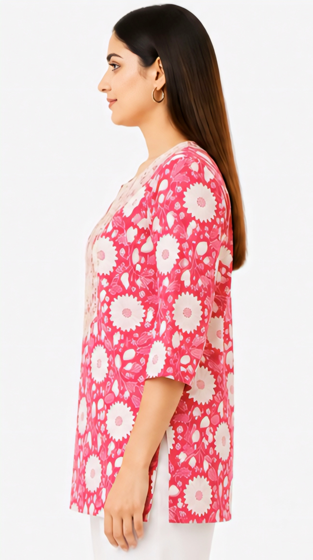 Women's Pink Floral Printed Cotton Short Kurti | Free Size Casual Daily Wear Tunic Top