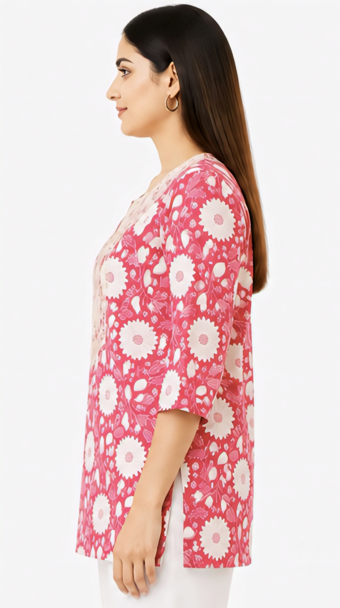 Women's Pink Floral Printed Cotton Short Kurti | Free Size Casual Daily Wear Tunic Top
