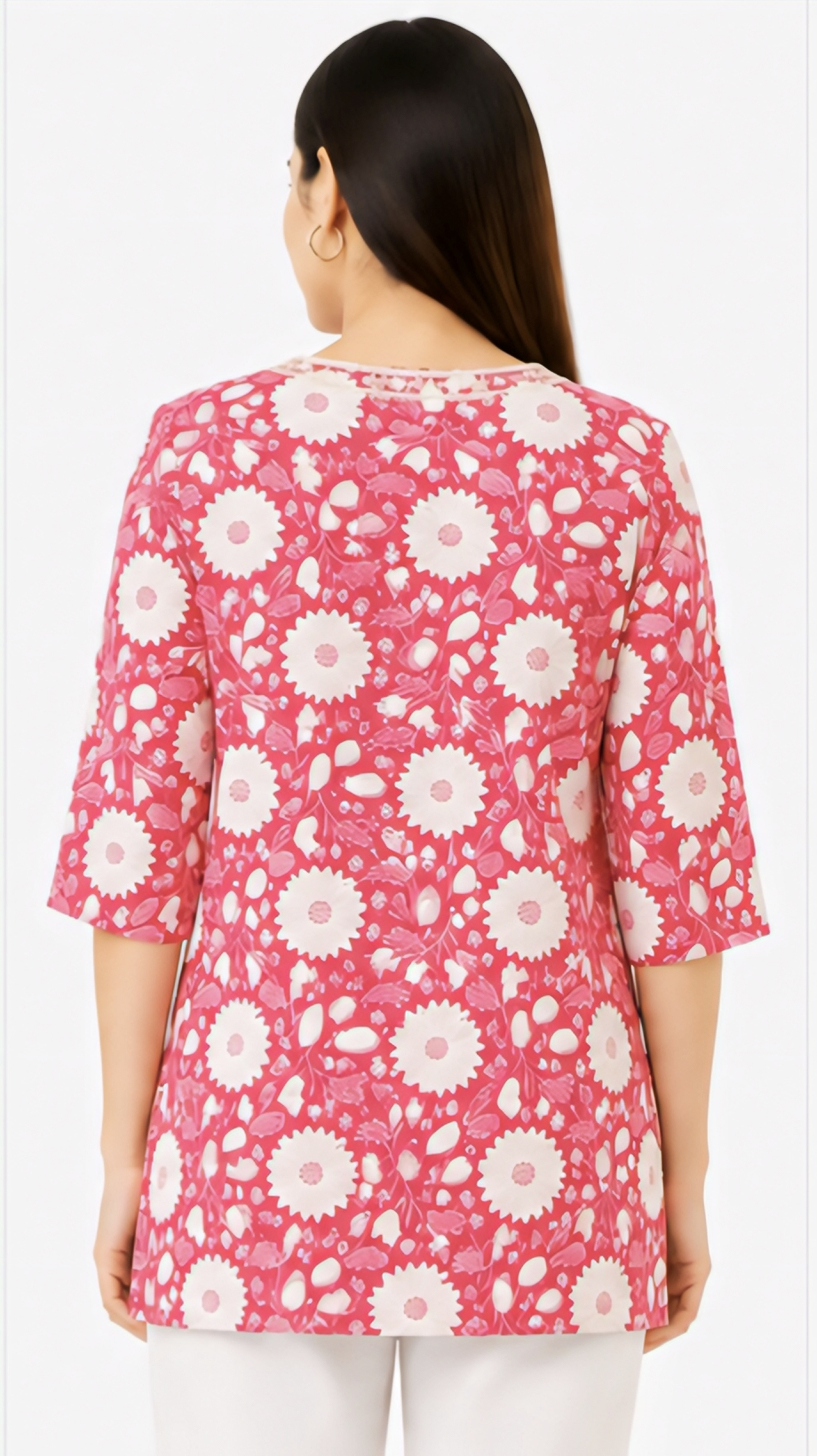 Women's Pink Floral Printed Cotton Short Kurti | Free Size Casual Daily Wear Tunic Top