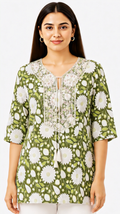 Women's Olive Green Floral Printed Cotton Short Kurti | Free Size Tassel Neck Casual Tunic Top