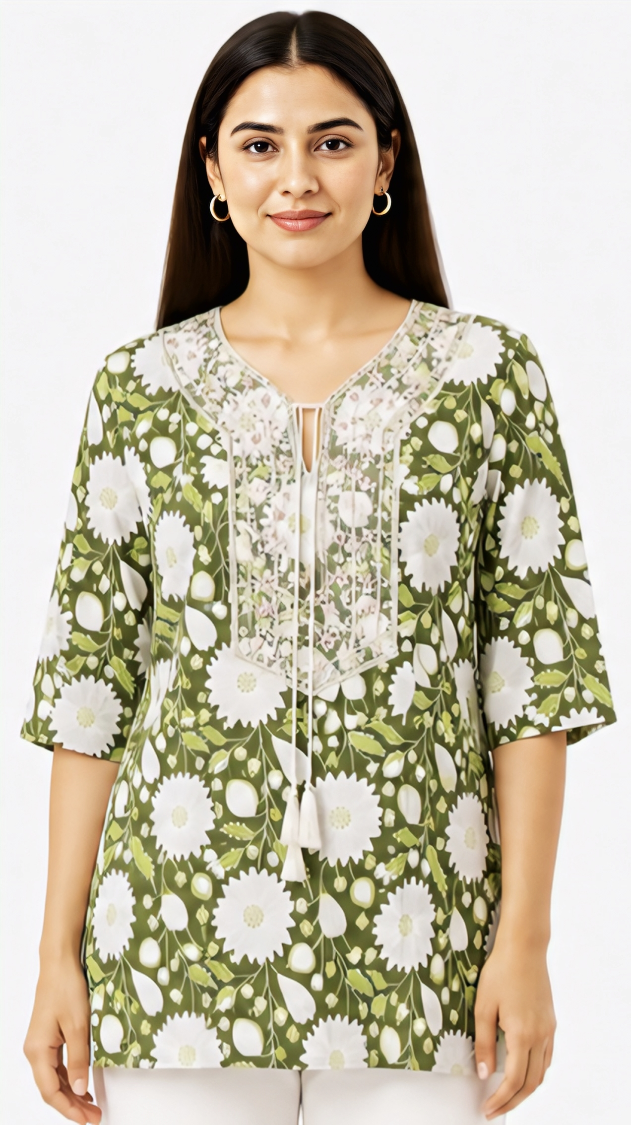 Women's Olive Green Floral Printed Cotton Short Kurti | Free Size Tassel Neck Casual Tunic Top