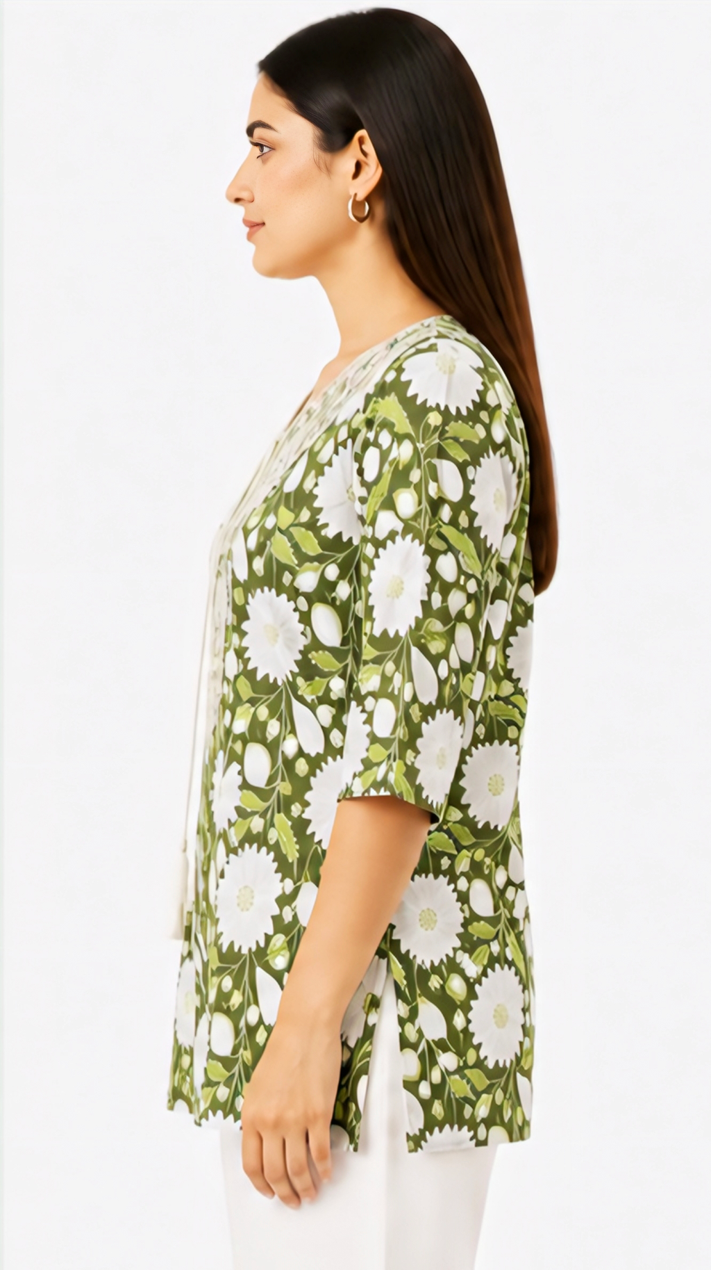 Women's Olive Green Floral Printed Cotton Short Kurti with Embroidered Yoke and Tassel Neck, Free Size Casual Daily Wear Tunic Top