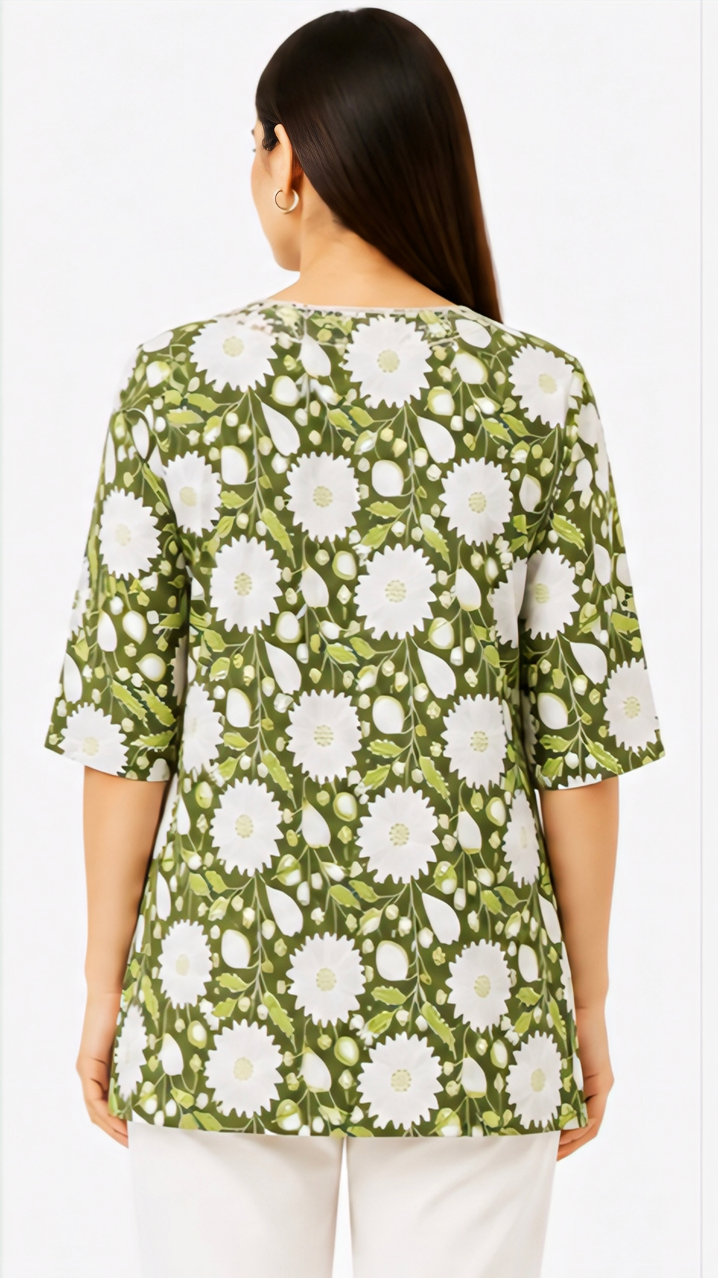 Women's Olive Green Floral Printed Cotton Short Kurti | Free Size Tassel Neck Casual Tunic Top