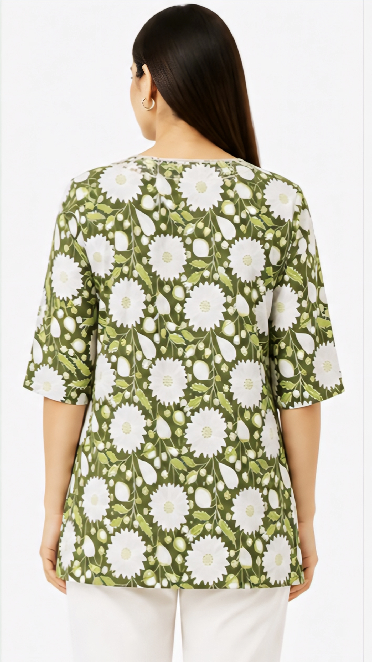 Women's Olive Green Floral Printed Cotton Short Kurti | Free Size Tassel Neck Casual Tunic Top