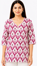 Women's Pink Floral Printed Cotton Short Kurti with Split Round Neck, Free Size Casual Daily Wear Tunic Top