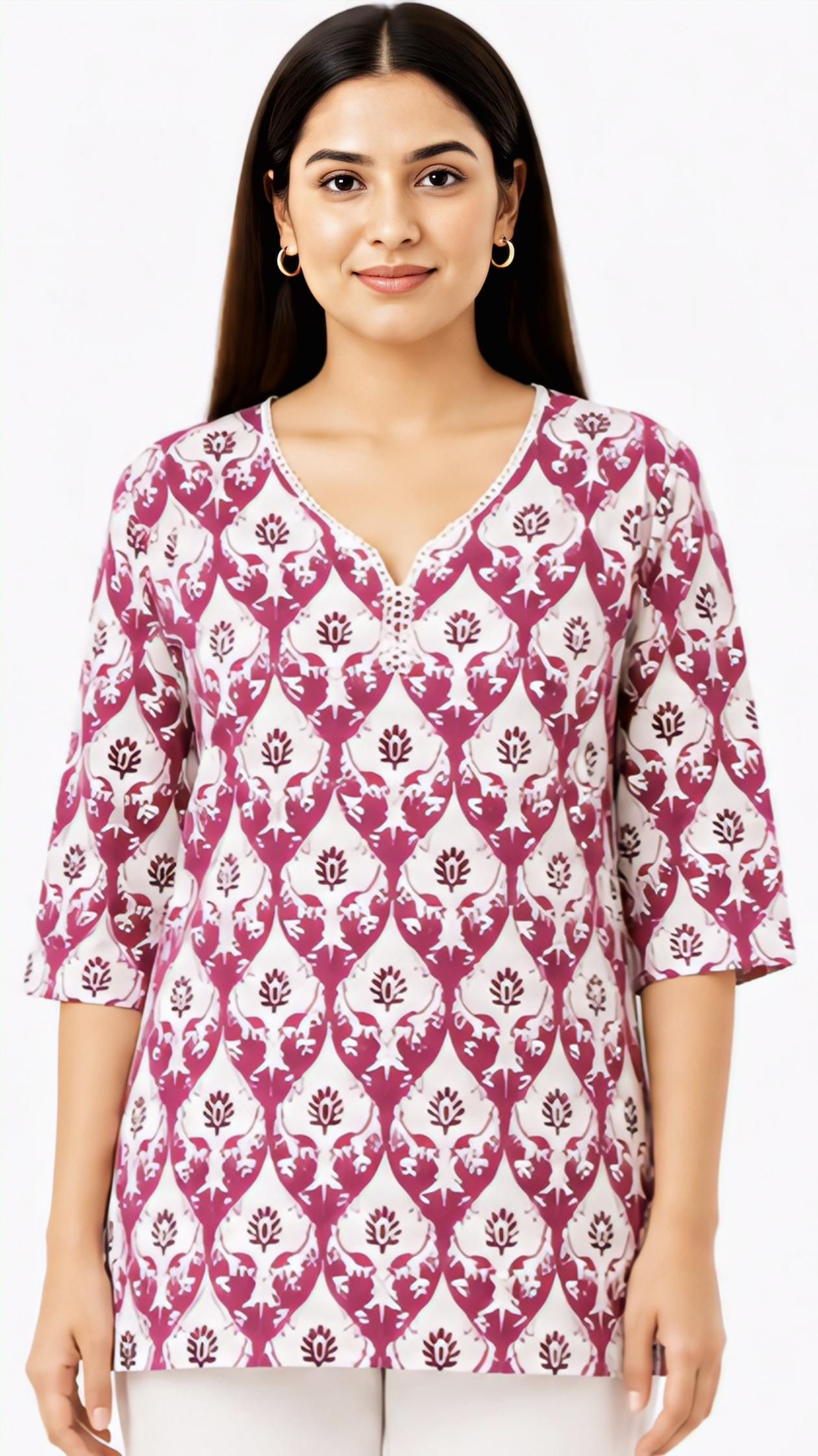 Women's Pink Floral Printed Cotton Short Kurti with Split Round Neck, Free Size Casual Daily Wear Tunic Top