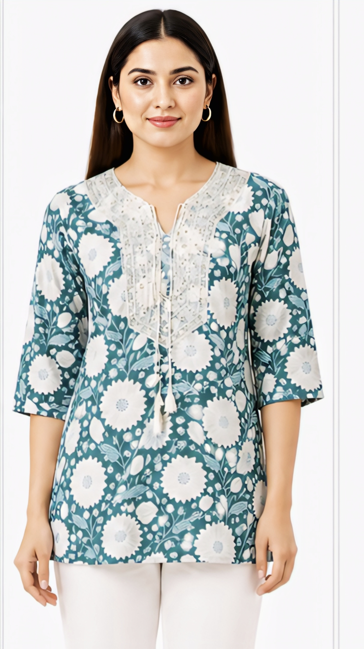 Women's Teal Blue Floral Printed Cotton Short Kurti with Lace Neck and Tassel Detail, Free Size Casual Daily Wear Tunic Top