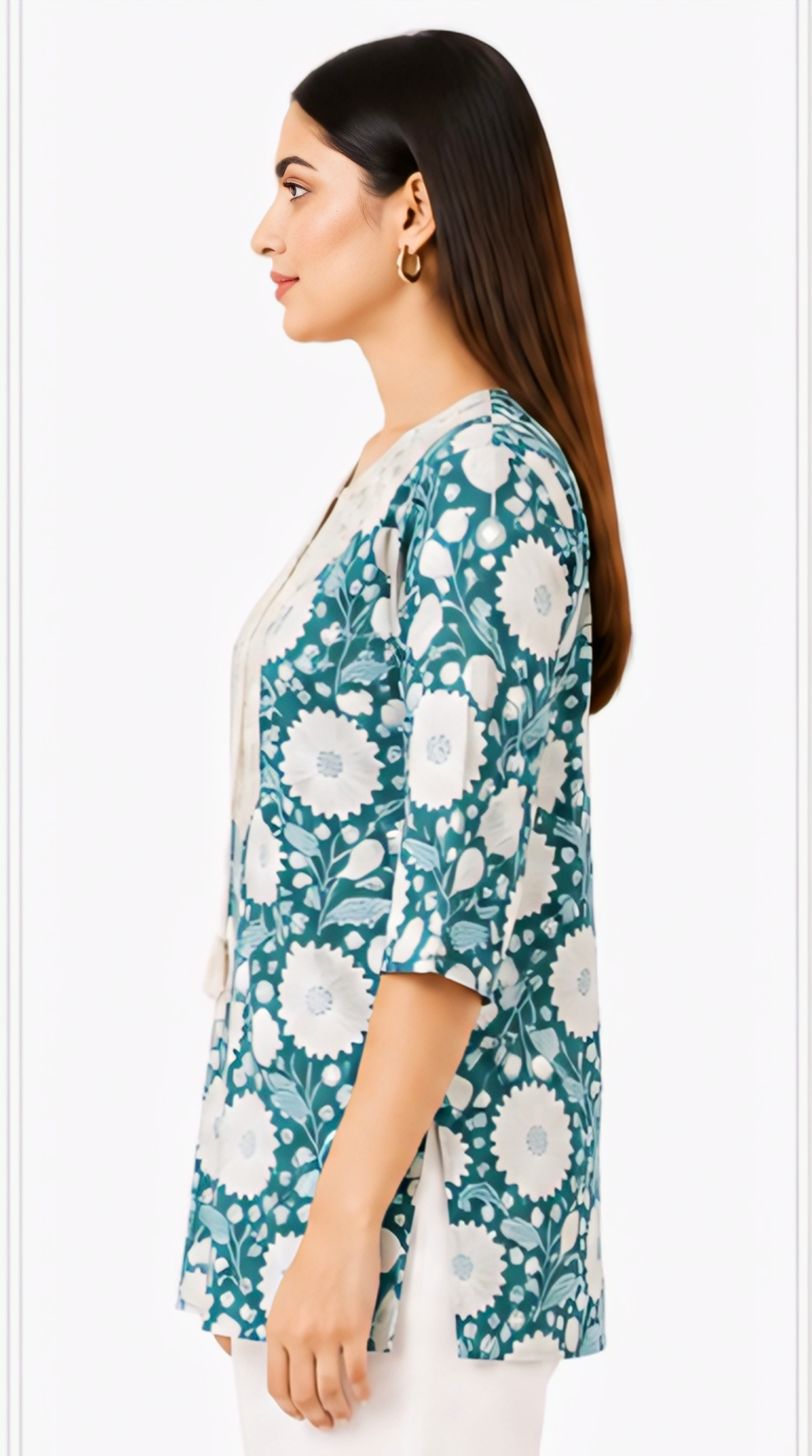 Women's Teal Blue Floral Printed Cotton Short Kurti | Free Size Casual Daily Wear Tunic Top