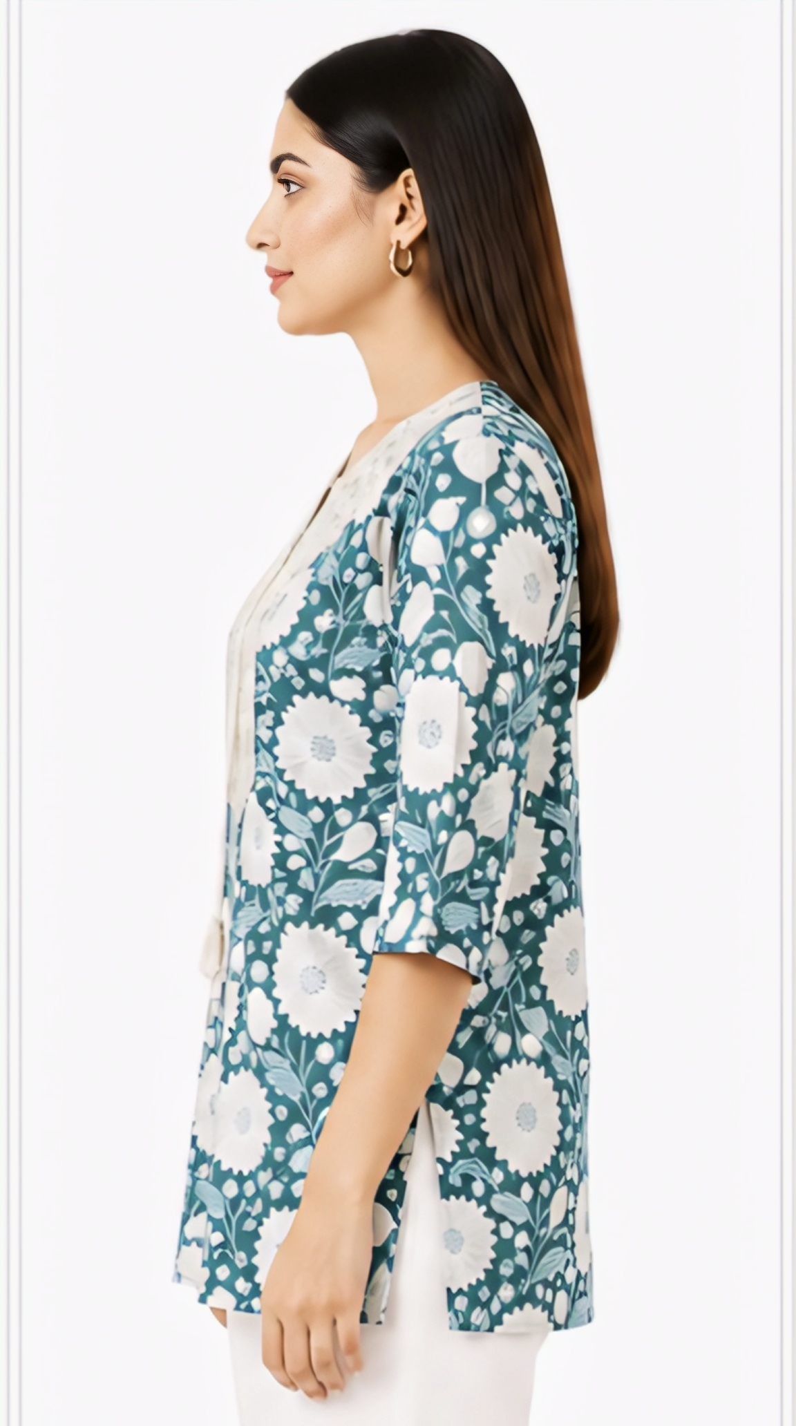 Women's Teal Blue Floral Printed Cotton Short Kurti | Free Size Casual Daily Wear Tunic Top