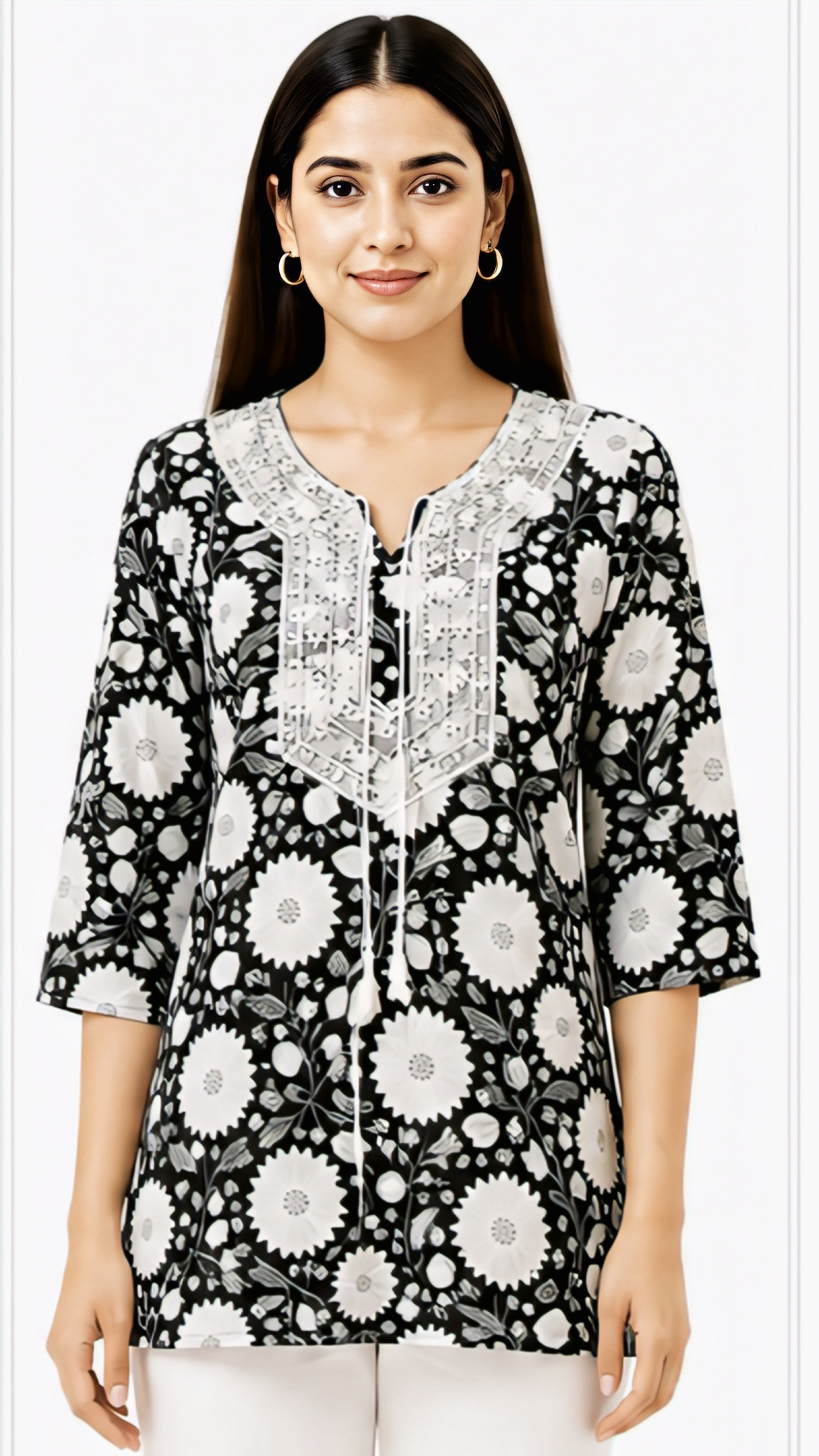 Women's Black Floral Printed Cotton Short Kurti with Embroidered Yoke and Tassel Neck, Free Size Casual Daily Wear Tunic Top
