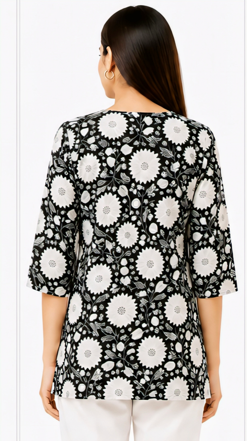 Women's Black Floral Printed Cotton Short Kurti | Free Size Embroidered Casual Daily Wear Tunic Top
