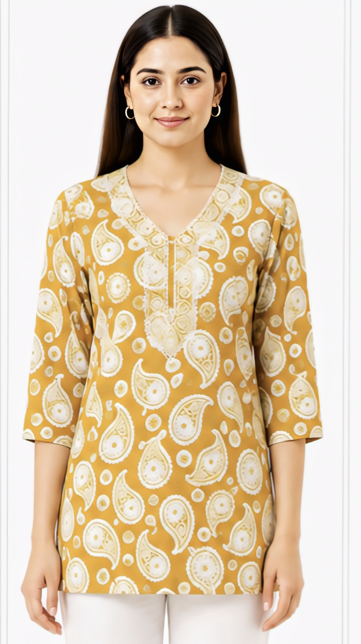 Women's Mustard Yellow Paisley Printed Cotton Short Kurti with Embroidered V-Neck, Free Size Casual Daily Wear Tunic Top
