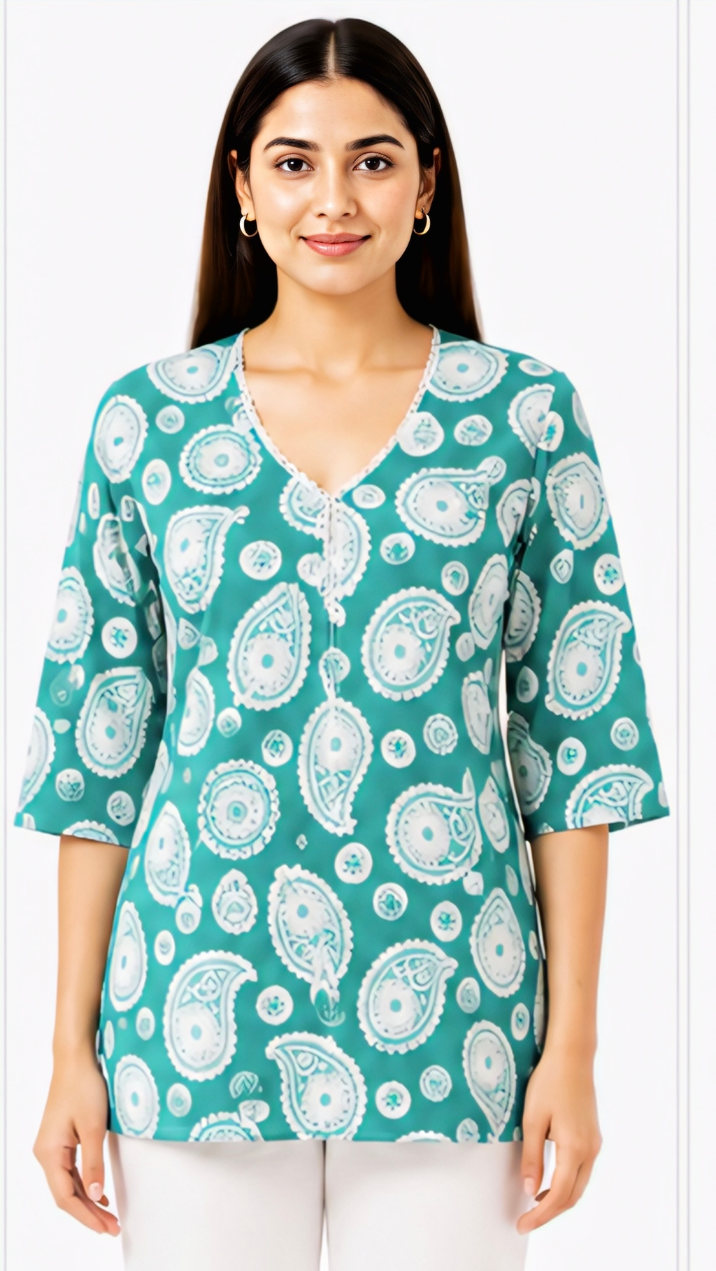 Women's Sea Green Paisley Printed Cotton Short Kurti with V-Neck, Free Size Casual Daily Wear Tunic Top