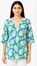 Women's Sea Green Paisley Printed Cotton Short Kurti with V-Neck, Free Size Casual Daily Wear Tunic Top