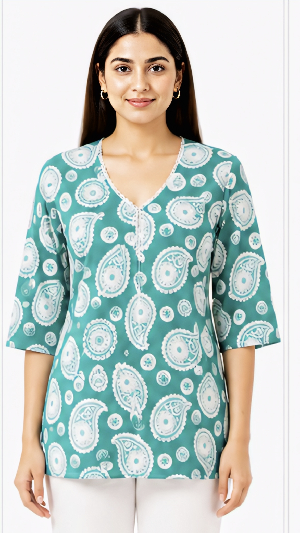 Women's Sea Green Paisley Printed Cotton Short Kurti with V-Neck, Free Size Casual Daily Wear Tunic Top
