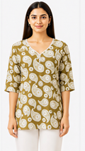 🌿 Women’s Olive Green Paisley Printed Tunic Top