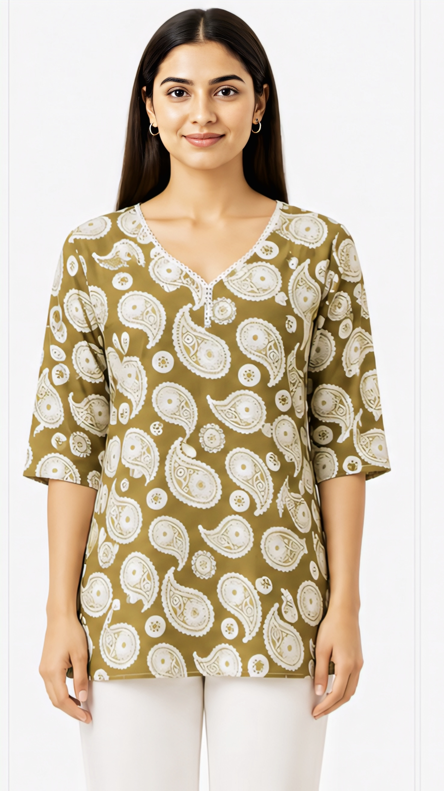 🌿 Women’s Olive Green Paisley Printed Tunic Top