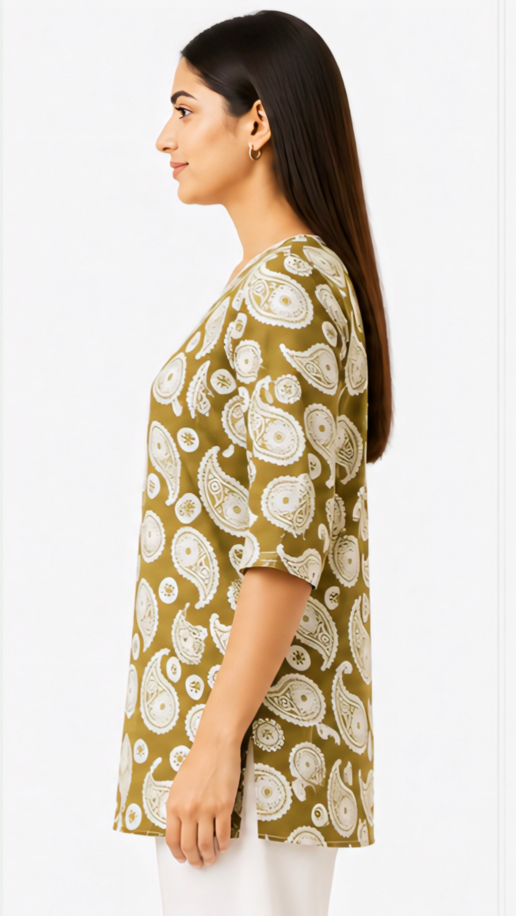 🌿 Women’s Olive Green Paisley Printed Tunic Top