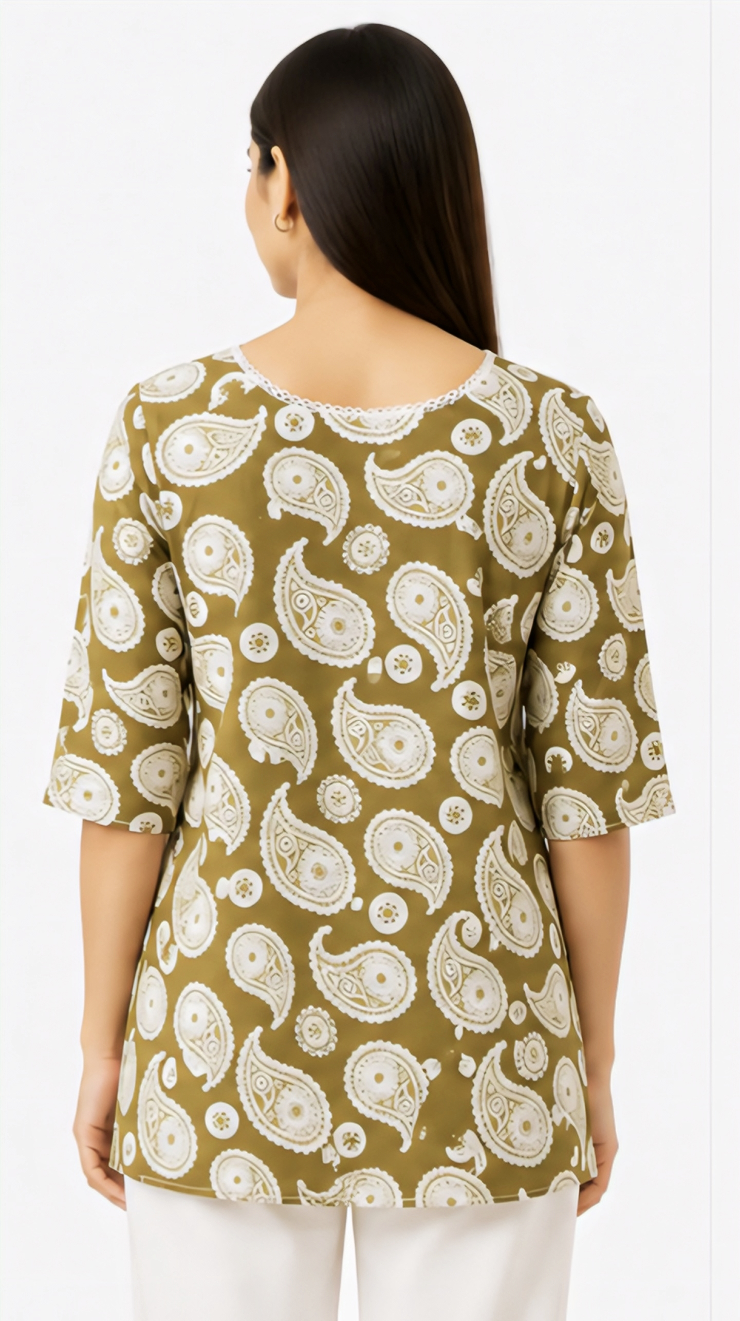 🌿 Women’s Olive Green Paisley Printed Tunic Top