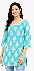 Women’s Turquoise Blue Printed Cotton Kurti | Free Size 3/4 Sleeve Casual Kurta