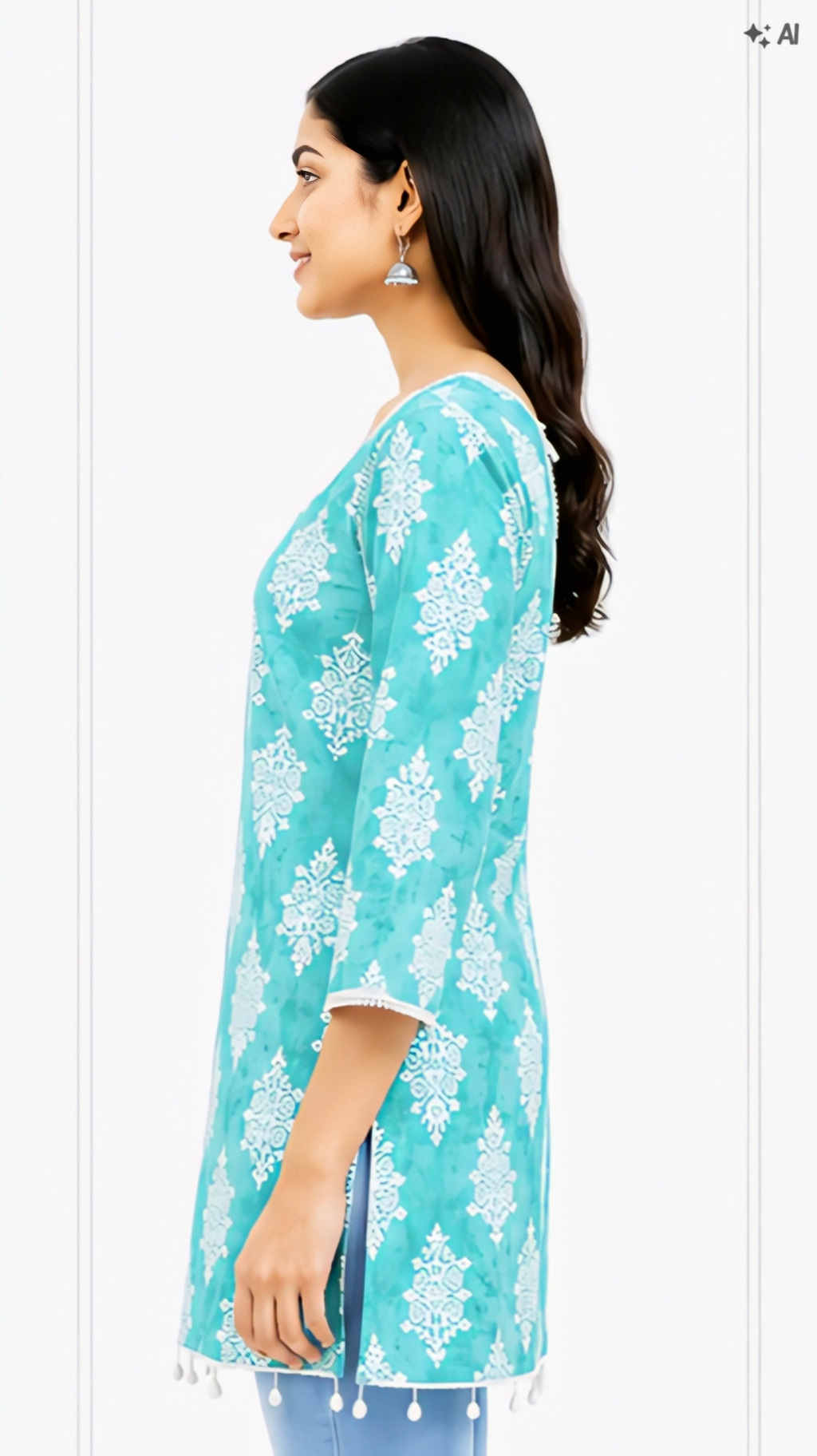Women’s Turquoise Blue Printed Cotton Kurti | Free Size 3/4 Sleeve Casual Kurta