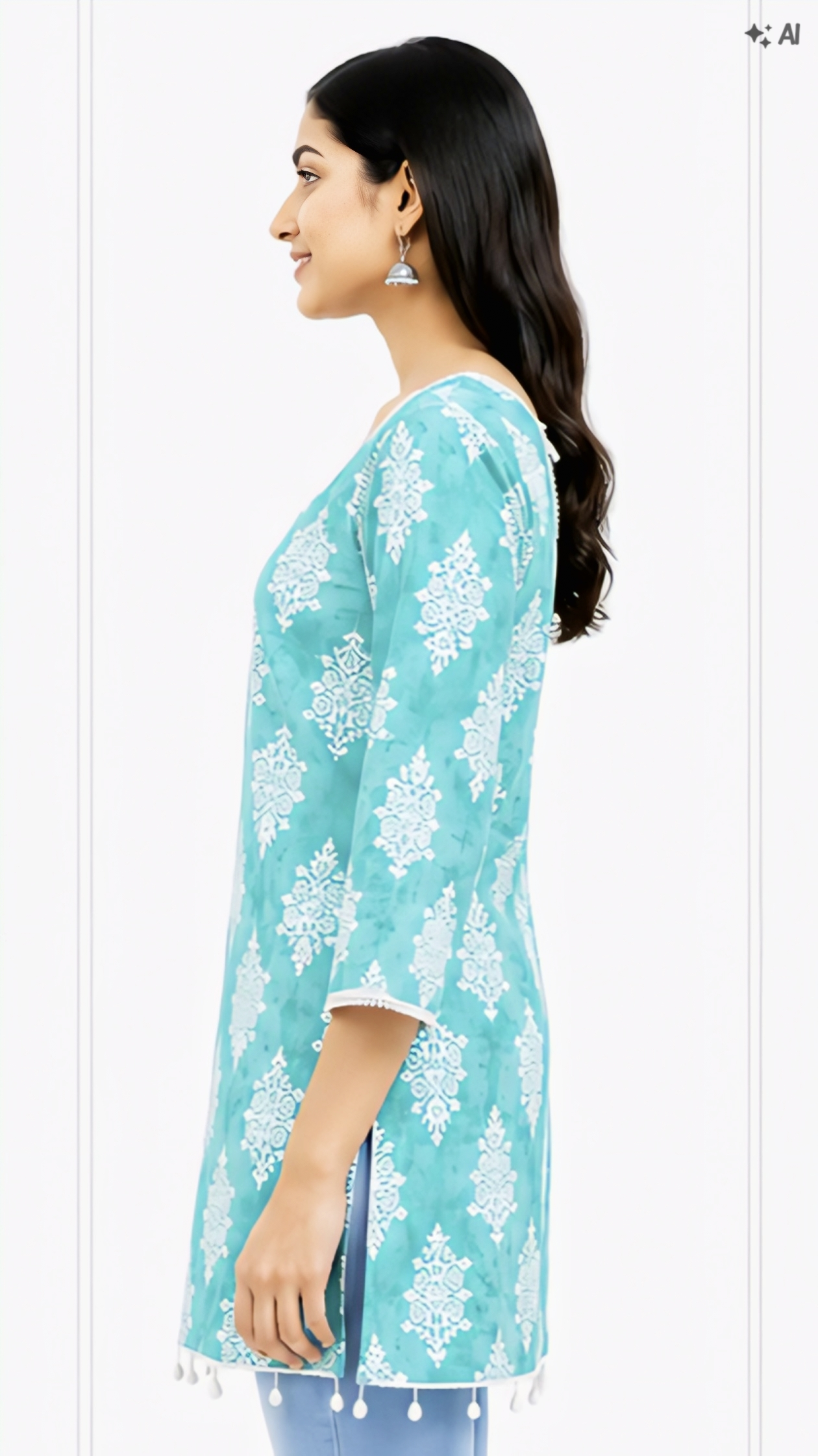 Women’s Turquoise Blue Printed Cotton Kurti | Free Size 3/4 Sleeve Casual Kurta