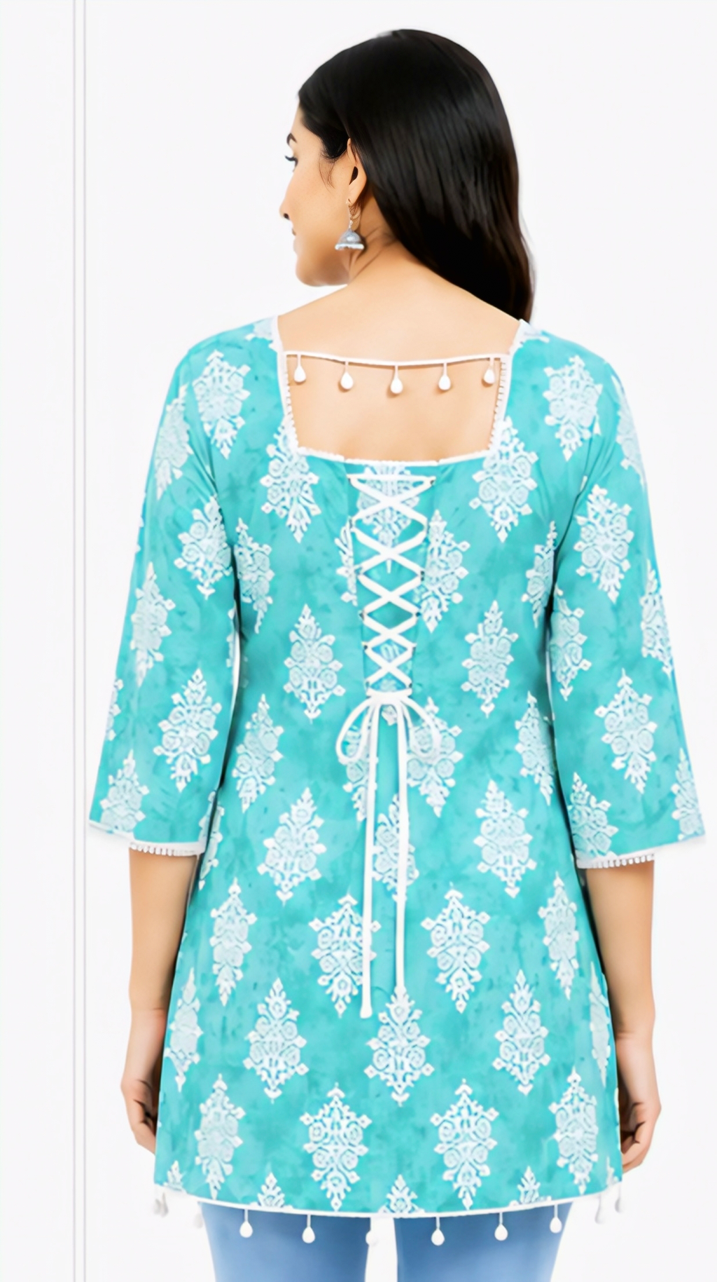 Women’s Turquoise Blue Printed Cotton Kurti | Free Size 3/4 Sleeve Casual Kurta