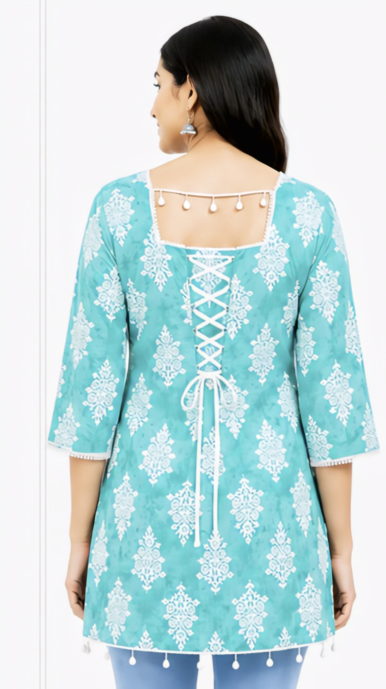 Women’s Turquoise Blue Printed Cotton Kurti | Free Size 3/4 Sleeve Casual Kurta