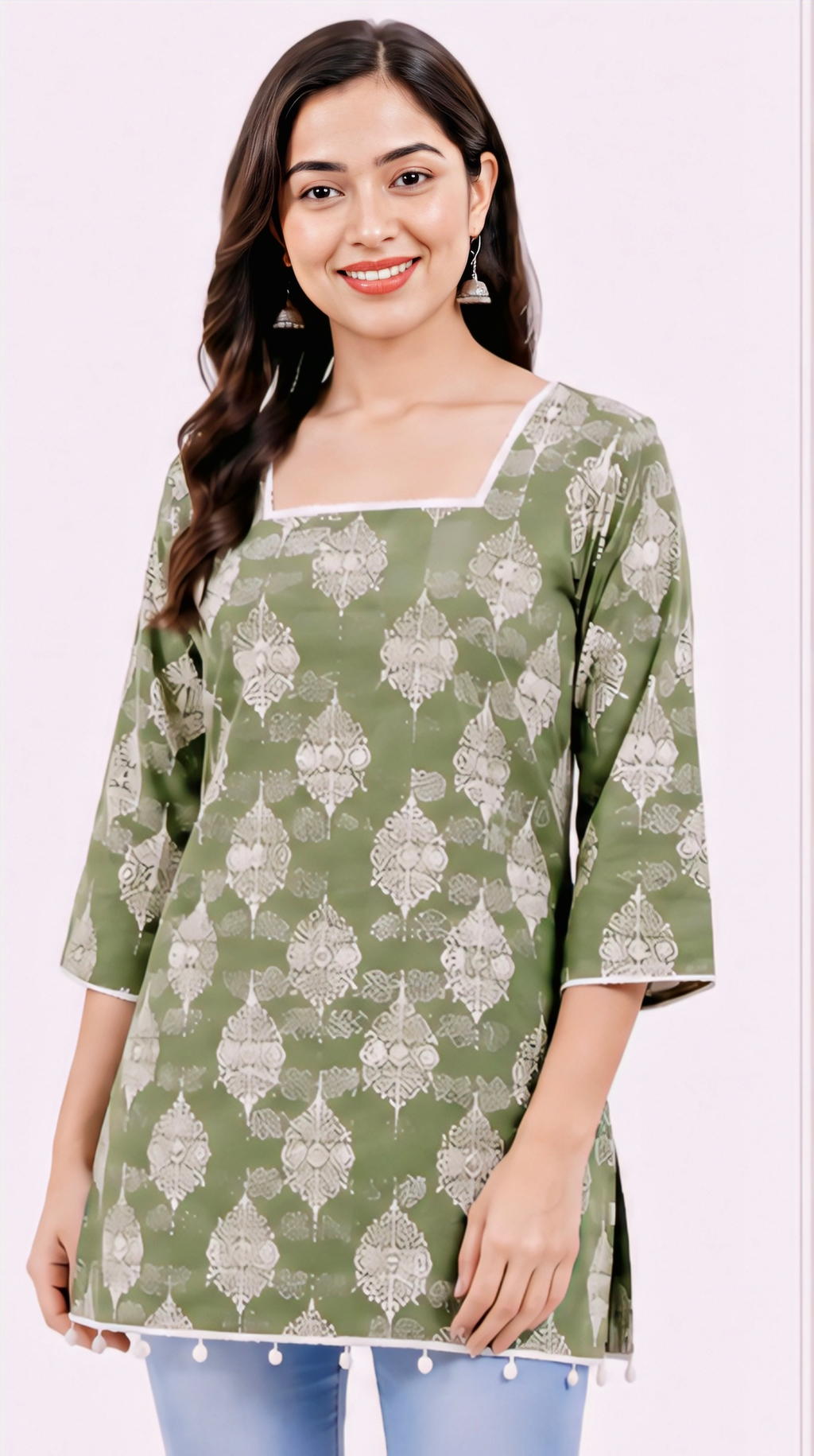 Women’s Sage Green Printed Cotton Kurti | Free Size 3/4 Sleeve Casual KurtaWomen’s Sage Green Printed Cotton Kurti | Free Size 3/4 Sleeve Casual Kurta