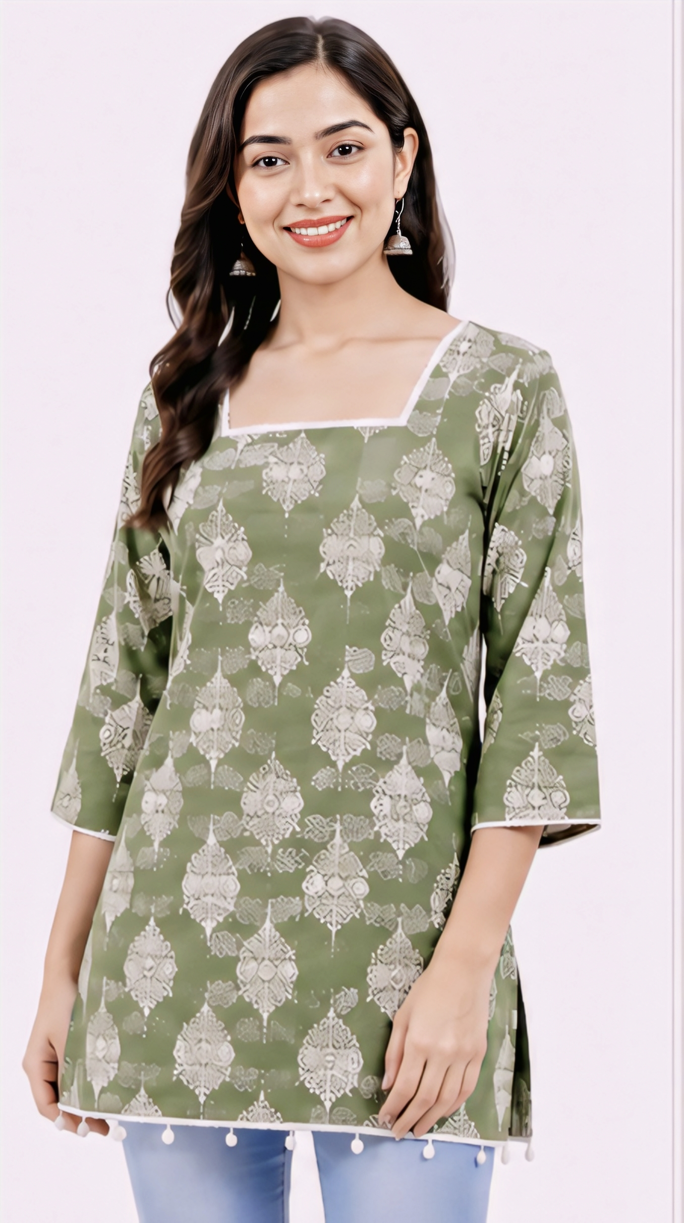 Women’s Sage Green Printed Cotton Kurti | Free Size 3/4 Sleeve Casual KurtaWomen’s Sage Green Printed Cotton Kurti | Free Size 3/4 Sleeve Casual Kurta