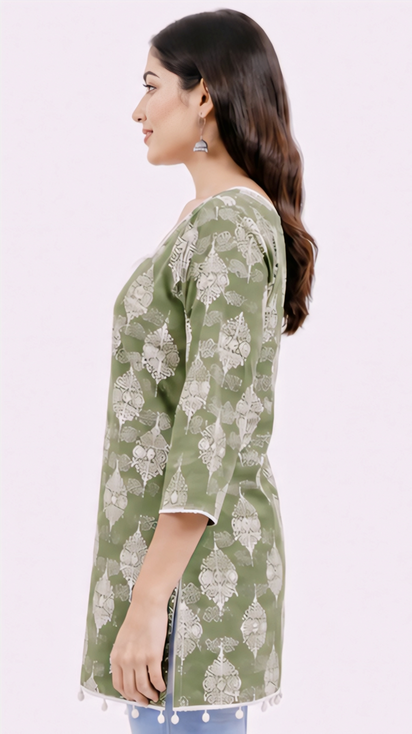 Women’s Sage Green Printed Cotton Kurti | Free Size 3/4 Sleeve Casual KurtaWomen’s Sage Green Printed Cotton Kurti | Free Size 3/4 Sleeve Casual Kurta