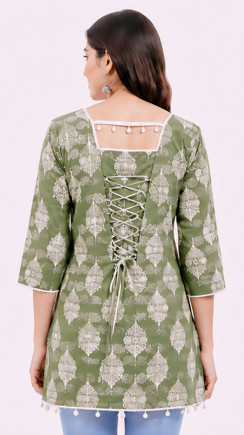 Women’s Sage Green Printed Cotton Kurti | Free Size 3/4 Sleeve Casual KurtaWomen’s Sage Green Printed Cotton Kurti | Free Size 3/4 Sleeve Casual Kurta