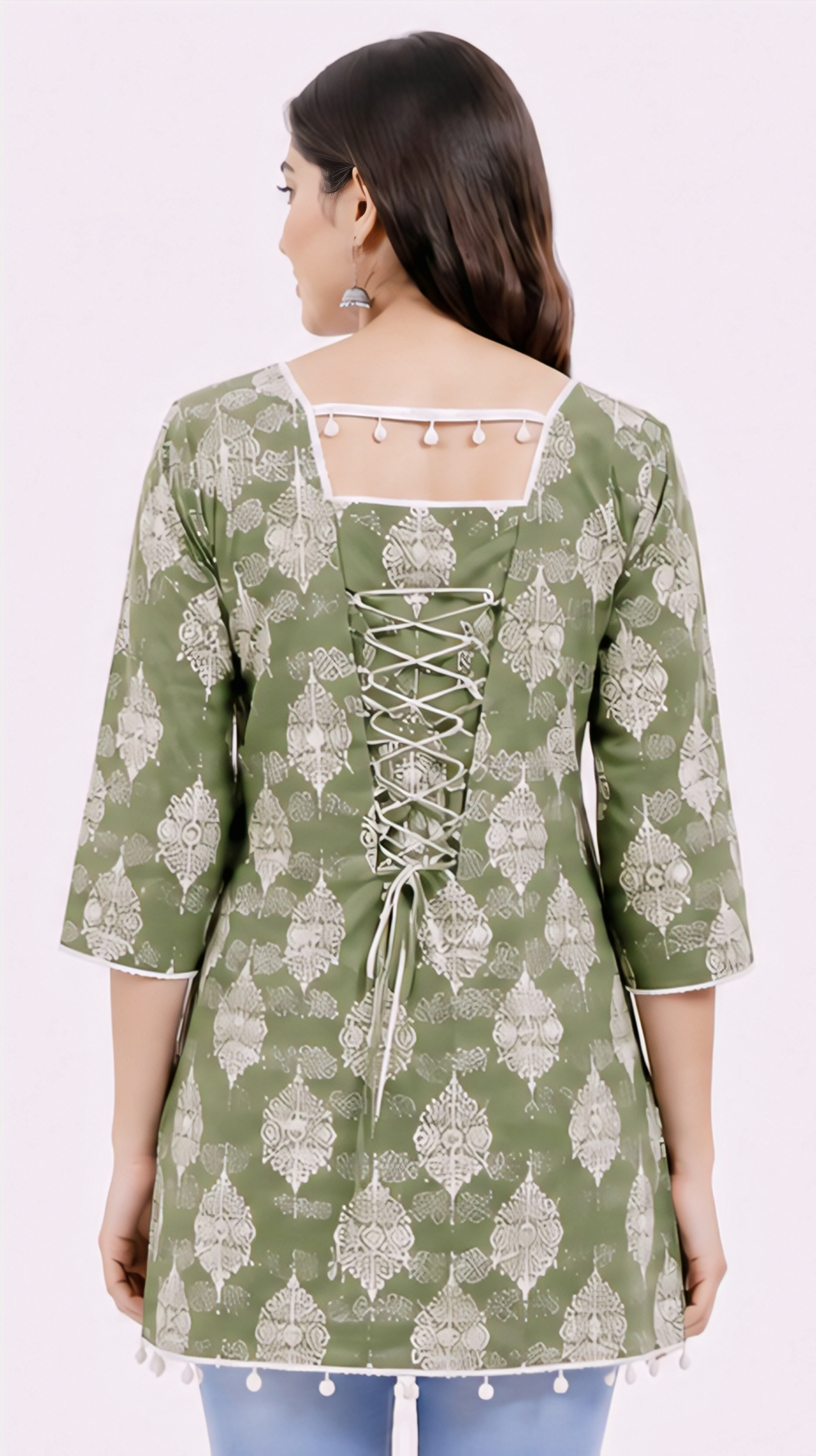 Women’s Sage Green Printed Cotton Kurti | Free Size 3/4 Sleeve Casual KurtaWomen’s Sage Green Printed Cotton Kurti | Free Size 3/4 Sleeve Casual Kurta