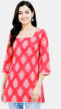 Women’s Red Floral Printed Cotton Kurti | Stylish Square Neck 3/4 Sleeve Top