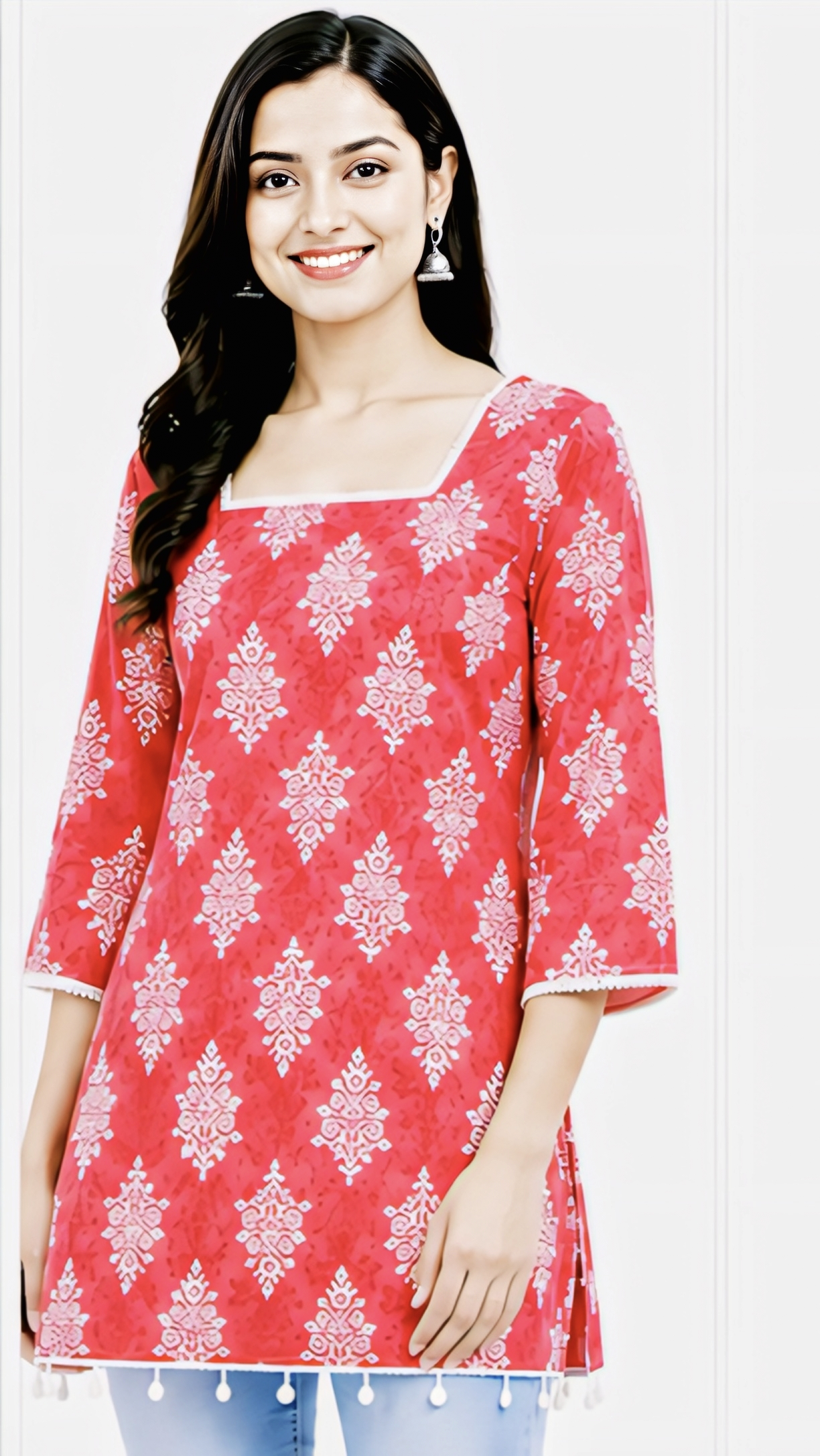 Women’s Red Floral Printed Cotton Kurti | Stylish Square Neck 3/4 Sleeve Top
